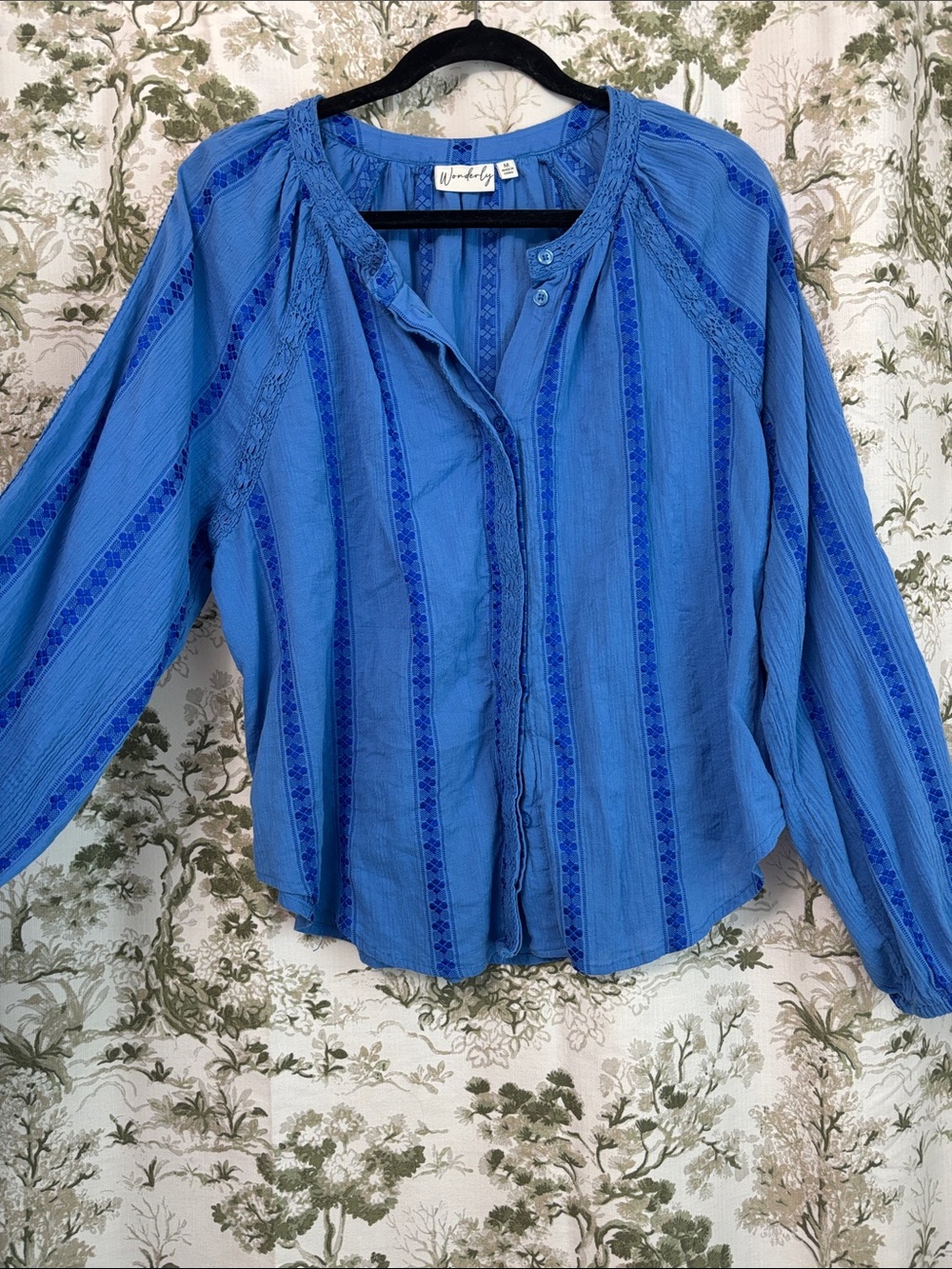 Wonderly Blue Textured Stripe Button-Front Blouse